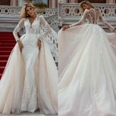 Bmbridal Long Sleeves Champagne Wedding Dress Lace Mermaid Overskirt