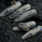 Blue and White Porcelain Long Oval NailsCarefully designed pure handmade press-on gel nails