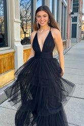 A-line Deep V Neck Cross Back Tulle Multi-Layers Long Prom Dress
