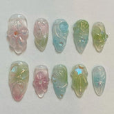 Hot SaleGreen Flower Almond NailsHandmade Artificial Gel Nail Press-On Nails