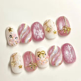 New Christmas Pink Press On NailsCarefully designed pure handmade press-on gel nails