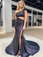 One Shoulder Sparkly Unique Black Mermaid Prom Dress