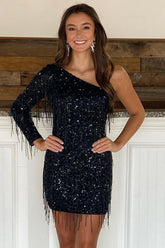 Sheath One Shoulder Black Sequins Homecoming Dress with Tassel