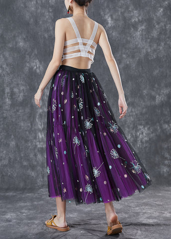 Bohemian Purple Dandelion Embroideried Wear On Both Sides Tulle Skirt Summer Bohemian Purple Dandelion Embroideried Wear On Both Sides Tulle Skirt Summer