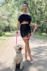 Two Piece Strapless Black Short Homecoming Dress with Feather