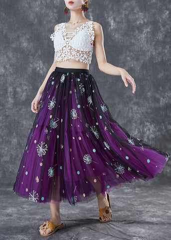 Bohemian Purple Dandelion Embroideried Wear On Both Sides Tulle Skirt Summer Bohemian Purple Dandelion Embroideried Wear On Both Sides Tulle Skirt Summer