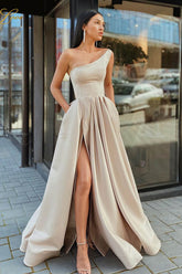 A Line One Shoulder Champagne Long Prom Dress with Slit