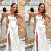 Bmbridal Ivory Satin Wedding Dress Mermaid Long With Slit