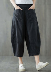 Italian Black Pockets Elastic Waist Patchwork Linen Crop Pants Summer