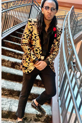 Shawl Lapel One Button Black Golden Jacquard Men's Prom Blazer