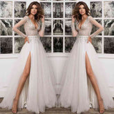Bmbridal Deep V-Neck Wedding Reception Dress Split Long Sleeves With Beads