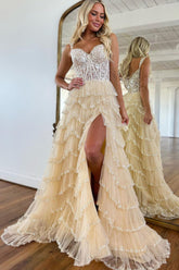 A-Line Sweetheart Champagne Tulle Prom Dresses with Appliques