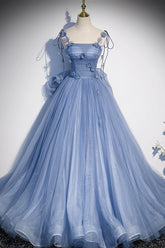 Tulle Long A-Line Prom Dress Blue Spaghetti Straps Party Dress with Bow