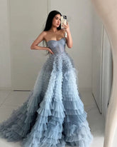 A Line Sweetheart Tiered Ruffled Tulle Long Prom Dress