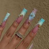 Blue Green French Long Square NailCarefully designed pure handmade press-on gel nails