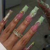 Hot SaleGreen Flower French Long Square NailHandmade Artificial Gel Nail Press-On Nails