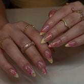 Pink Yellow Flower French Almond NailCarefully designed pure handmade press-on gel nails