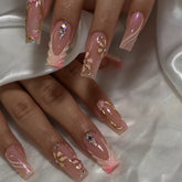 Pink Orange Square Long NailsCarefully designed pure handmade press-on gel nails