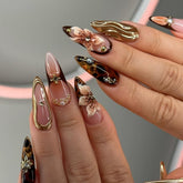 Brown Gold Flower French Almond NailCarefully designed pure handmade press-on gel nails