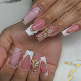 Hot SaleGolden Flower White French Square Tube NailHandmade Artificial Gel Nail Press-On Nails