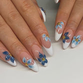 Hot Selling Blue Flower White French Almond NailsCarefully designed pure handmade press-on gel nails