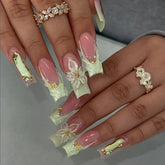 Hot Selling Green Flower French Square NailsCarefully designed pure handmade press-on gel nails