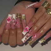 Hot SaleFashionable Hot Selling Pink Flower French Square NailsHandmade Artificial Gel Nail Press-On Nails