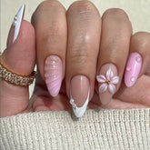 Hot SaleFashionable Pink Flower French Almond NailHandmade Artificial Gel Nail Press-On Nails