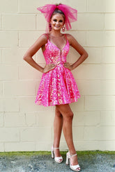 Sparkle Hot Pink Sequin Lace A-Line Short Homecoming Dress