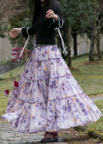 Bohemian Purple Wrinkled Print Patchwork Cotton Skirts Summer Bohemian Purple Wrinkled Print Patchwork Cotton Skirts Summer