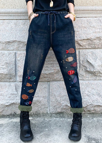 Boho Blue Embroideried elastic waist denim Pants Winter Boho Blue Embroideried elastic waist denim Pants Winter
