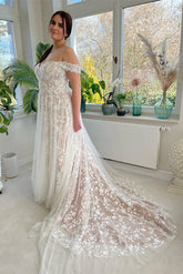 Bmbridal Off-the-Shoulder Wedding Dress Champagne Lace Appliques