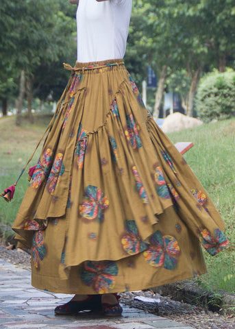 Boutique Yellow Wrinkled Asymmetrical Print Patchwork Linen Skirt Fall Boutique Yellow Wrinkled Asymmetrical Print Patchwork Linen Skirt Fall