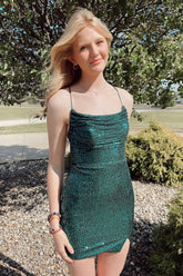 Bling Sheath Spaghetti Straps Green Sequins Short Homecoming Dress with Criss Cross Back