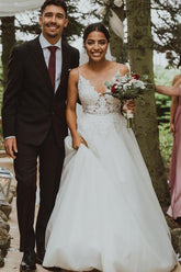 Bmbridal Spaghetti-Straps V-Neck Wedding Dress Lace Sleeveless A-Line