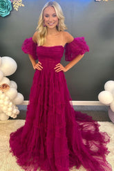 A-Line Strapless Ruffles Long Formal Dress with Puff Sleeves
