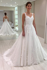 Chic Floor-Length A-Line V-Neck Spaghetti Straps Sleeveless Tulle Lace Wedding Dresses with Appliques