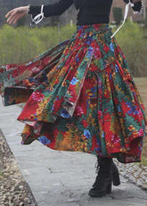 Print Patchwork Tie Waist Maxi Skirts Fall