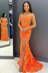 Mermaid Sweetheart Orange Sequins Long Prom Dress with Split Front