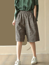 Women Summer Stripe Pocket Vintage Loose Linen Short Pants