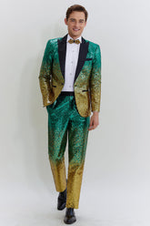 Gold Green Men's 2 Piece Notched Lapel Sequins Suits