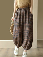 Women Summer Vintage Pocket Plaid Linen Harem Pants