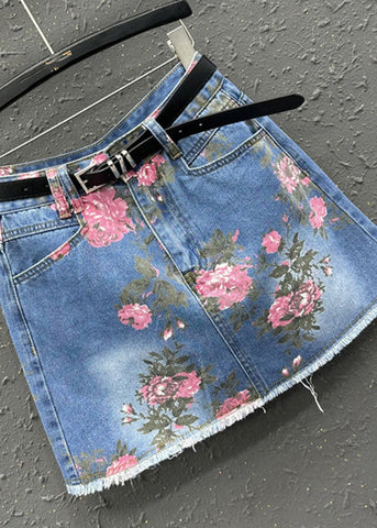 Boho Blue Print High Waist Sashes Skirt Summer Boho Blue Print High Waist Sashes Skirt Summer
