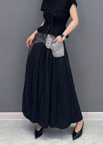 Black Pockets Patchwork Cotton Pants Skirt Wrinkled Summer Black Pockets Patchwork Cotton Pants Skirt Wrinkled Summer