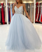 BMbridal Sky Blue Spaghetti-Straps Prom Dress Tulle Long With Beadings