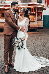 Bmbridal Long Sleeves White Wedding Dress Mermaid Lace Online