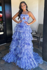 Print Halter Keyhole Ruffle Tiered Long Prom Dress