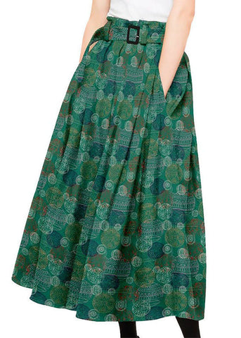 Bohemian Green Wrinkled Pockets Print Patchwork Silk Skirts Summer Bohemian Green Wrinkled Pockets Print Patchwork Silk Skirts Summer