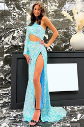 Sheath One Shoulder Blue Sequins Long Prom Dress with Cut Out