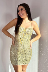 Sparkly Sheath Spaghetti Straps Champagne Short Homecoming Dress with Beading